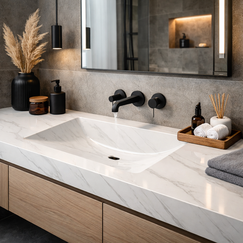 integrated sink countertop with seamless design in modern luxury bathroom with illuminated mirror